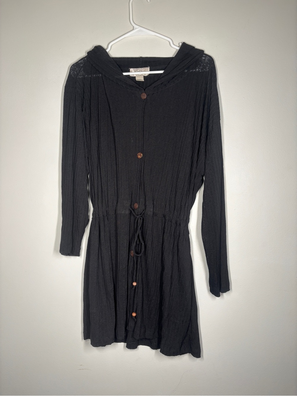 Black Long-Sleeve Button Front cover up with Drawstring Waist